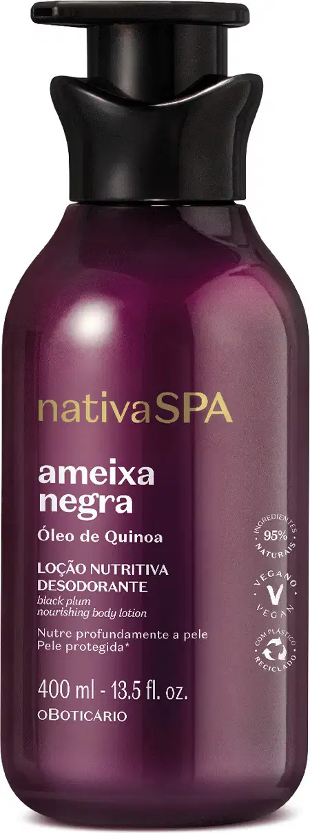 Frasco de loção corporal da marca Nativa SPA, com embalagem roxa e preta, rótulo com texto "ameixa negra" e "óleo de quinoa", apresentado em posição frontal.
