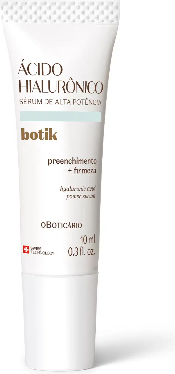 Imagem de uma bisnaga branca de 10ml com texto marrom e detalhe em verde claro contendo sérum de alta potência da marca Botik Ácido Hialurônico.