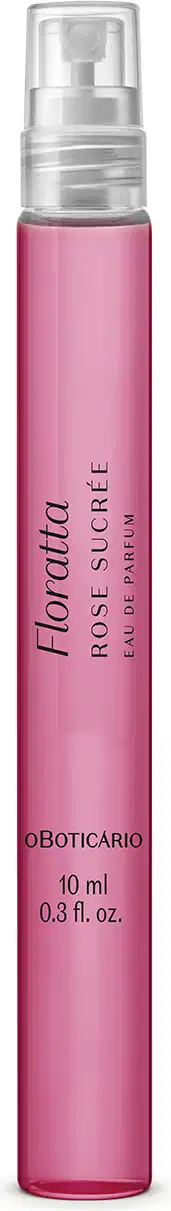 A imagem mostra um frasco de 10ml do Eau de Parfum Floratta Rose Sucrée, em vidro transparente e conteúdo rosa, com rótulo em letras brancas. A tampa é transparente e possui formato cilíndrico.