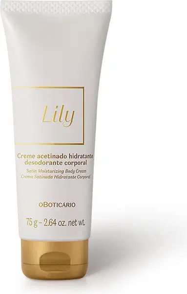 Imagem de um frasco do creme hidratante corporal da marca Lily em embalagem branca com detalhes dourados, contendo texto com nome da marca e informações sobre o produto.