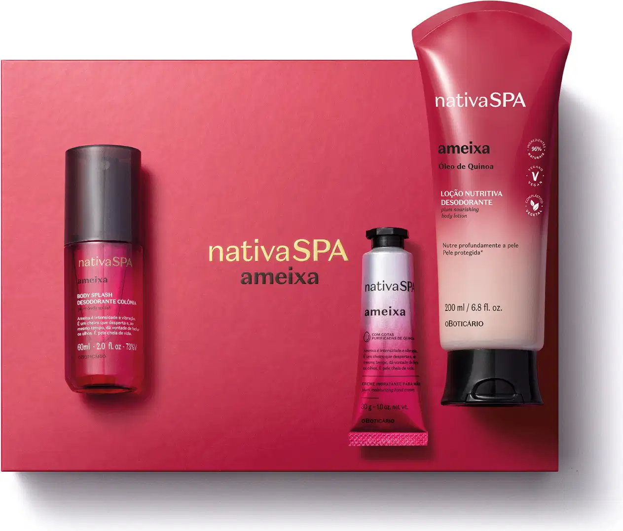 Imagem de produtos da marca Nativa SPA Ameixa, incluindo loção hidratante, body splash, creme para as mãos e caixa rosa, todos com predominância das cores rosa vibrante, branco e prata, com textos e logotipos visíveis.