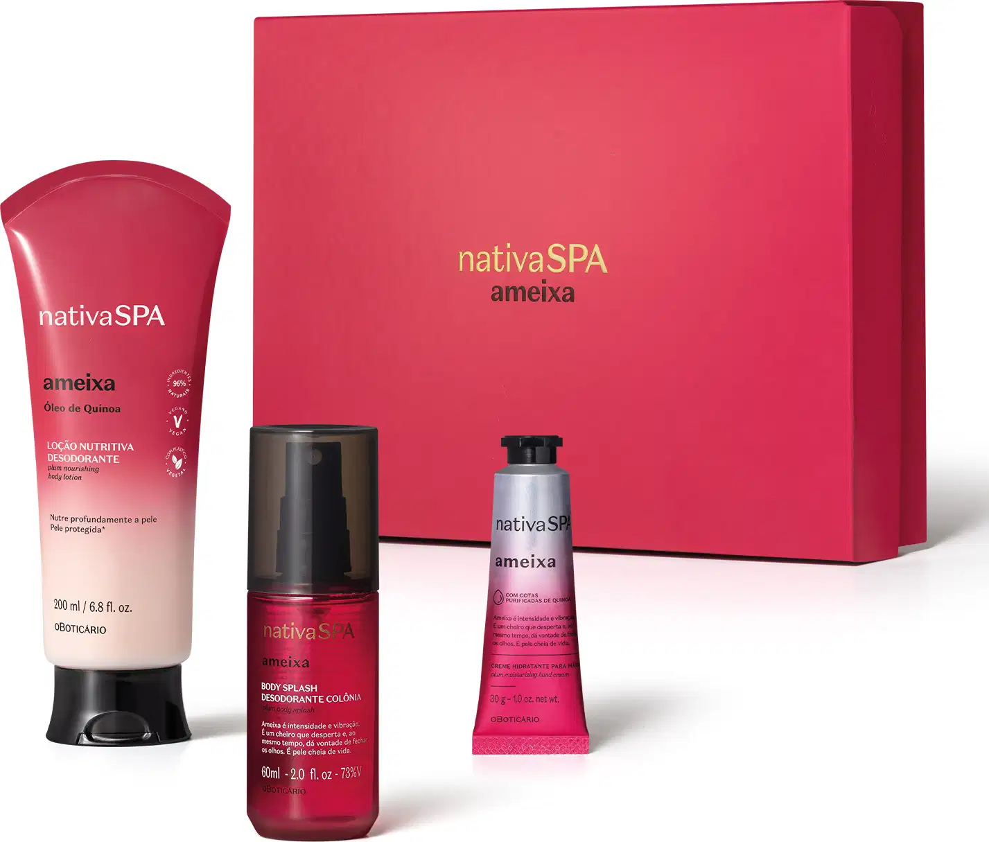 Imagem de produtos da marca Nativa SPA Ameixa, incluindo loção hidratante, body splash, creme para as mãos e caixa rosa, todos com predominância das cores rosa vibrante, branco e prata, com textos e logotipos visíveis.