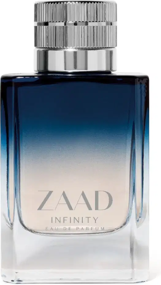 Frasco de item de perfumaria da marca Zaad, com design degradê azul e branco, rótulo com nome "Infinity" em letras prateadas, tampa metálica estriada.