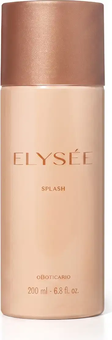 Frasco de item de perfumaria da marca Elysèe, na cor rosa claro, com tampa na cor rosé gold, e texto escrito em tons dourados a no rótulo o nome da marca, a palavra "SPLASH" e a volumetria.