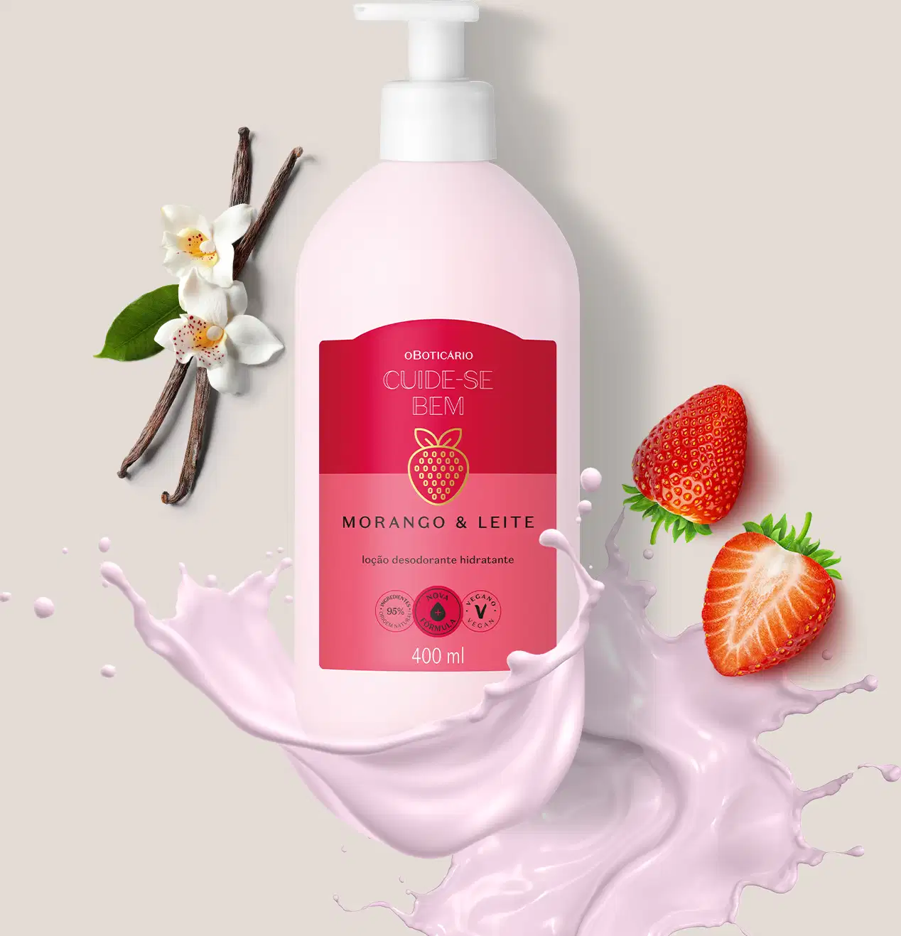 Imagem de frasco de loção hidratante corporal da marca Cuide-se bem Morango e Leite, com recipiente branco e rótulo vermelho e rosa, sobre superfície clara com flores brancas, morangos vermelhos e respingos de creme branco.