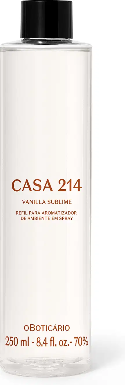 Imagem de um frasco transparente, tampa preta e rótulo com texto "CASA 214 VANILLA SUBLIME" em marrom, contendo 250 ml de fragrância para difusor de ambiente.