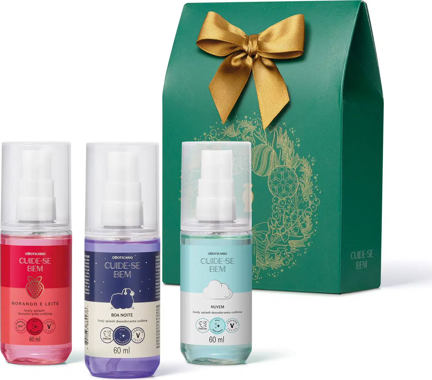 Três frascos de itens de mini body splashes da marca Cuide-se Bem, sendo um da fragrância Morango e Leite (vermelho), outro da fragrância Nuvem (azul claro) e o terceiro da fragrância Boa Noite (lilás). Acompanha caixa de presente verde com laço dourado.