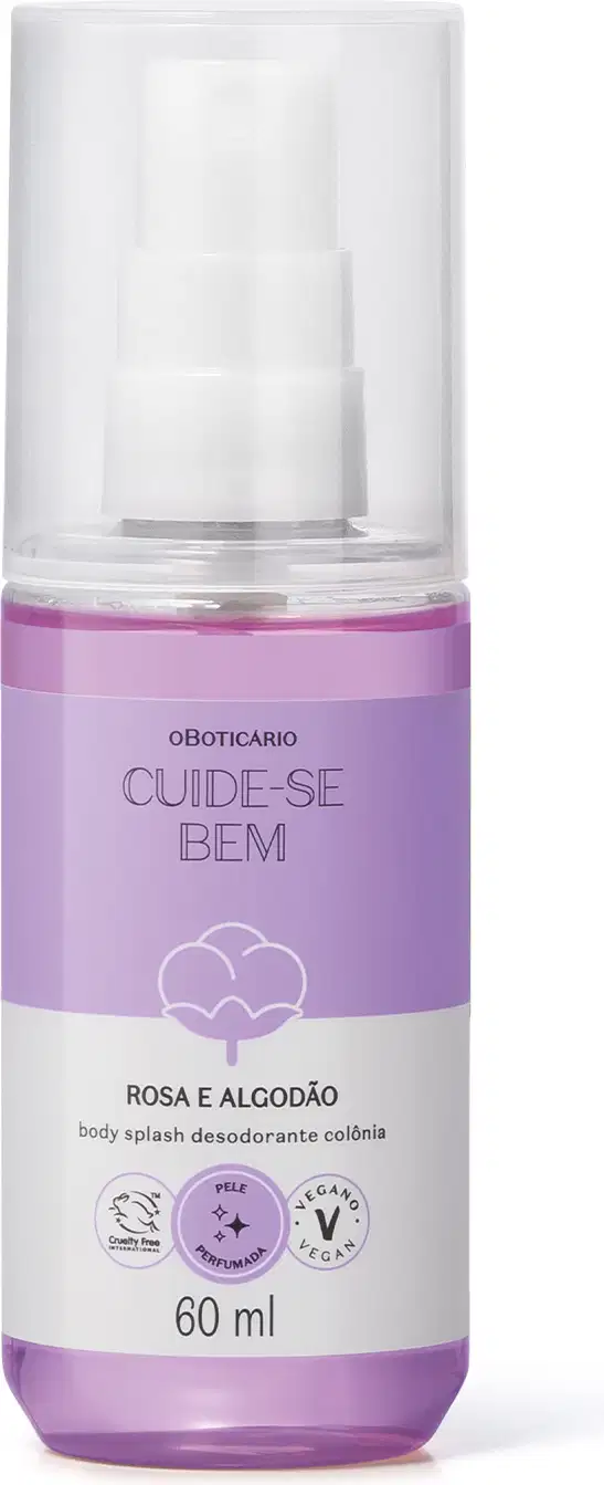 Imagem de um frasco cilíndrico transparente de body splash da marca Cuide-se Bem Rosa e Algodão com líquido rosa, rótulo bicolor lilás e branco com ilustração de um floco de algodão.