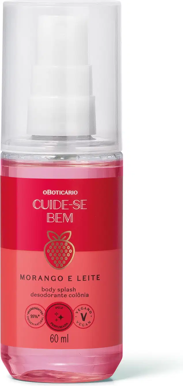 Imagem de um frasco de vidro transparente com líquido rosa, borrifador branco, tampa transparente e rótulo vermelho com texto "Cuide-se Bem Morango e Leite" e imagem de morango no rótulo, contendo 60ml de body splash desodorante colônia.