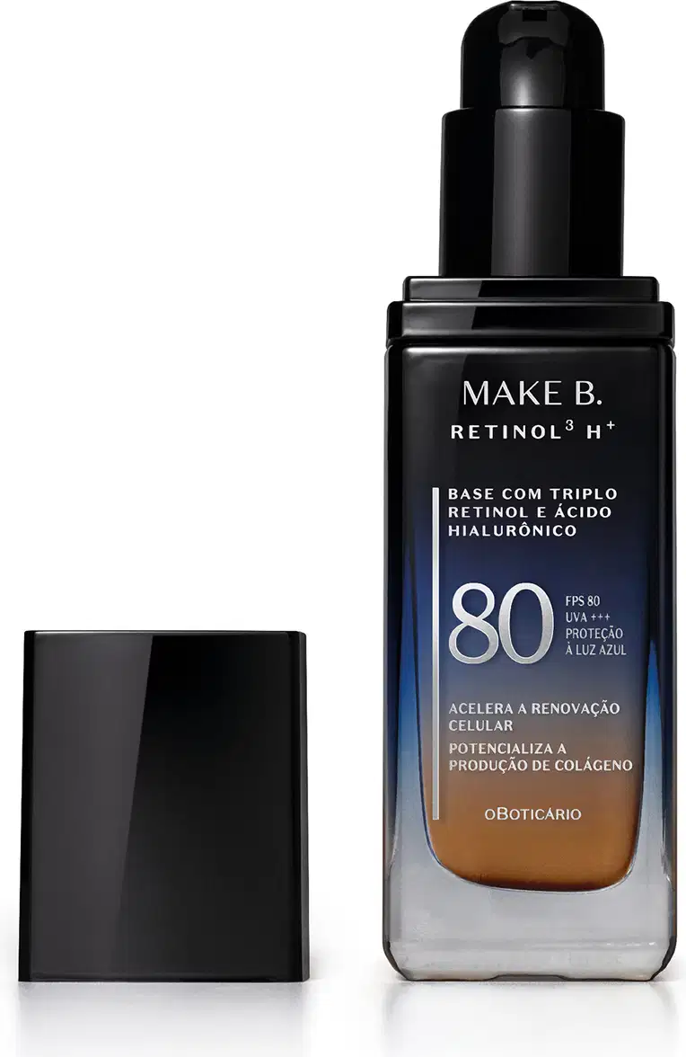 Frasco de vidro retangular aberto em degradê de preto para o azul base líquida da marca Make B.  Retinol 3 H+, na parte inferior se vê o tom marrom da base. O rótulo contém texto escrito em branco, com destaque para o FPS 80. Tampa preta ao lado do frasco