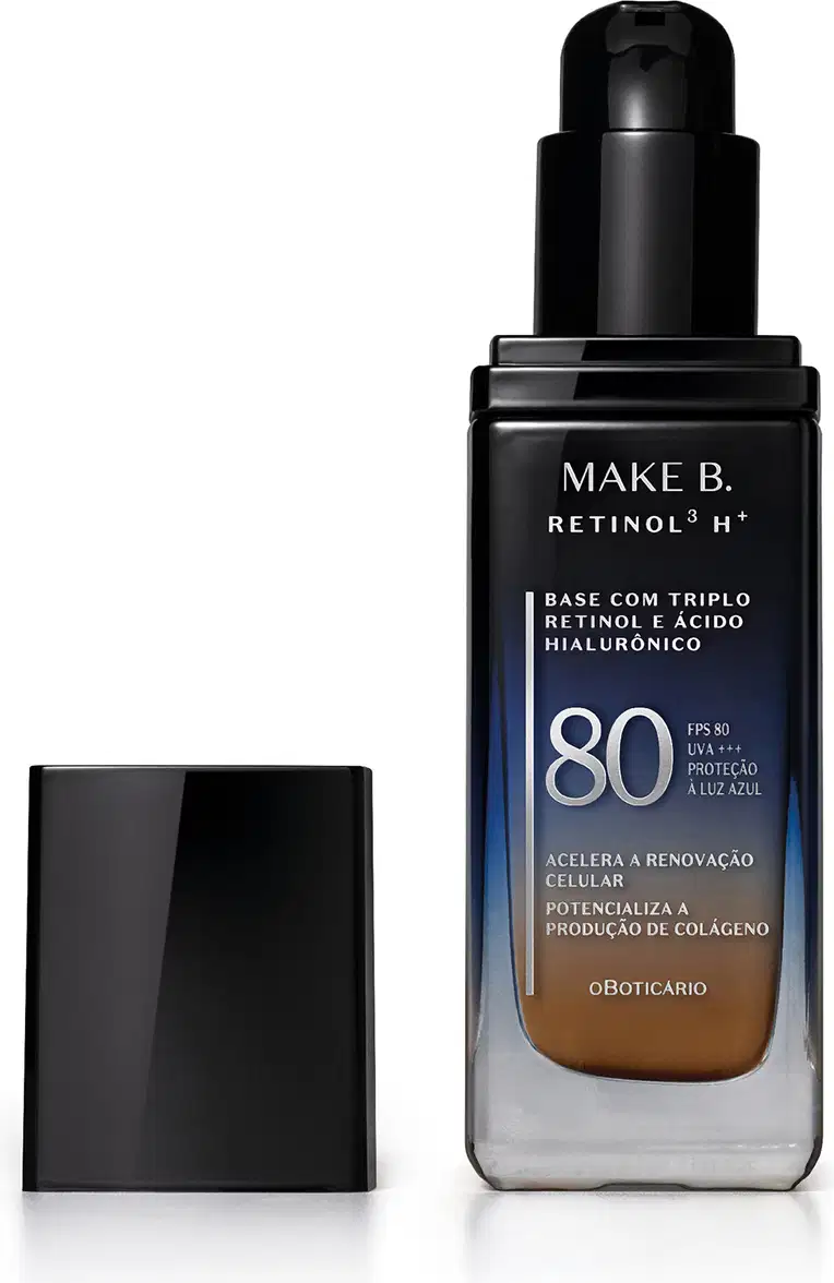 Frasco de vidro retangular aberto em degradê de preto para o azul base líquida da marca Make B.  Retinol 3 H+, na parte inferior se vê o tom marrom da base. O rótulo contém texto escrito em branco, com destaque para o FPS 80. Tampa preta ao lado do frasco