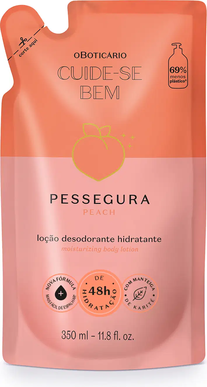 Embalagem plástica laranja em formato de bolsa com rótulo "Cuide-se Bem" e imagem de pêssego. Produto é uma loção desodorante hidratante da marca Pessegura com 350 ml de volume.