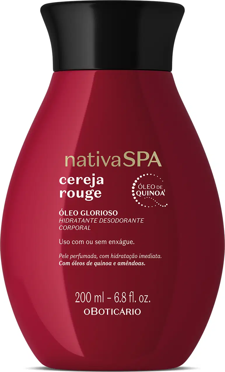 Imagem de um frasco de óleo glorioso hidratante corporal da marca Nativa SPA, na cor vermelho-escuro, com rótulo em letras brancas exibindo o nome "Cereja Rouge" e informações sobre o produto.