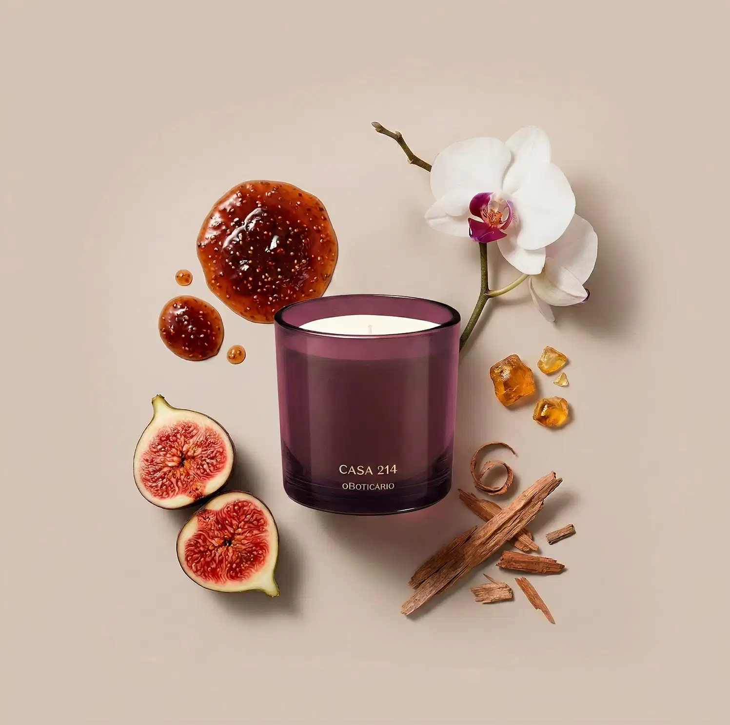 Ambiente elegante e sofisticado com velas aromáticas da marca Casa 214, rodeadas por ingredientes naturais como figos, flores e resinas, em uma paleta de cores terrosas e neutras, sugerindo um ritual de relaxamento e bem-estar.