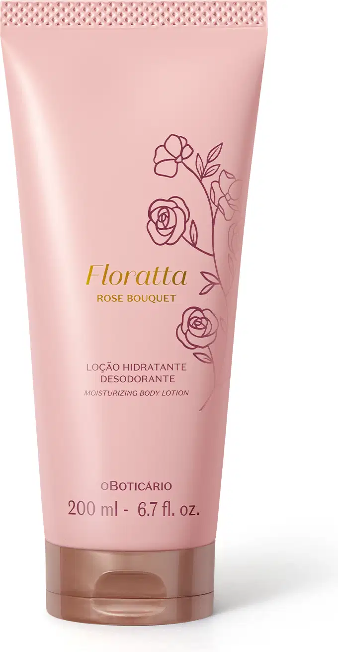Bisnaga rosa com tampa dourada e ilustrações florais de Loção Hidratante Desodorante Floratta Rose Bouquet.