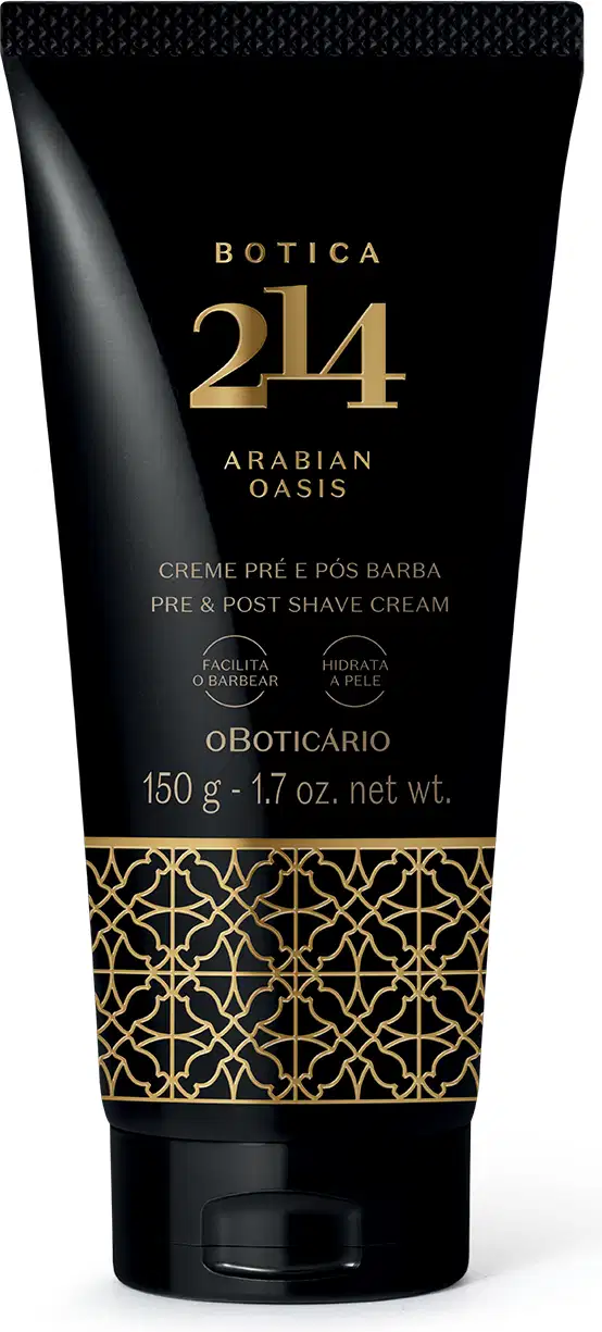 Bisnaga preta e dourada de creme pré e pós-barba da marca Botica 214 Arabian Oasis, com textura e padrão decorativo na embalagem, indicando produto para cuidados com a pele antes e depois da barba.