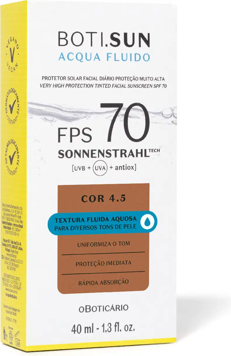Embalagem de papelão em formato retangular de protetor solar facial fluido da marca Boti Sun nas cores branca e amarela e retângulo marrom, indicando que o produto tem cor, além rótulo com informações sobre FPS 70 e textura fluida aquosa.