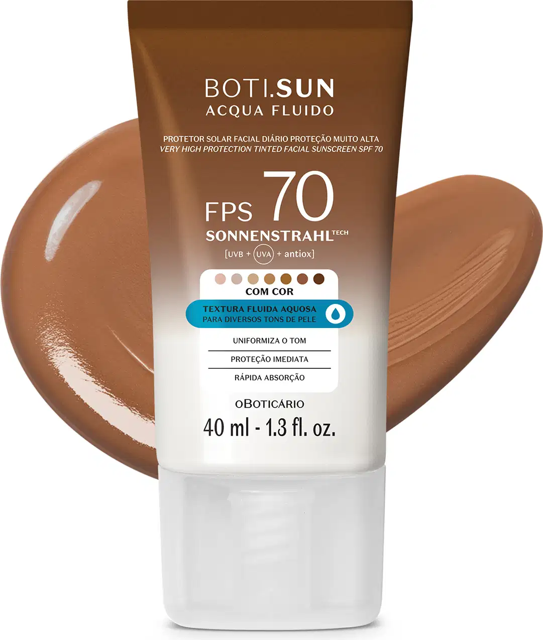 Bisnaga de protetor solar facial fluido com cor da marca Boti Sun com FPS 70, nas cores branca e marrom com indicação de cores variadas no rótulo e um pouco de produto na cor marrom espalhada por trás da embalagem.