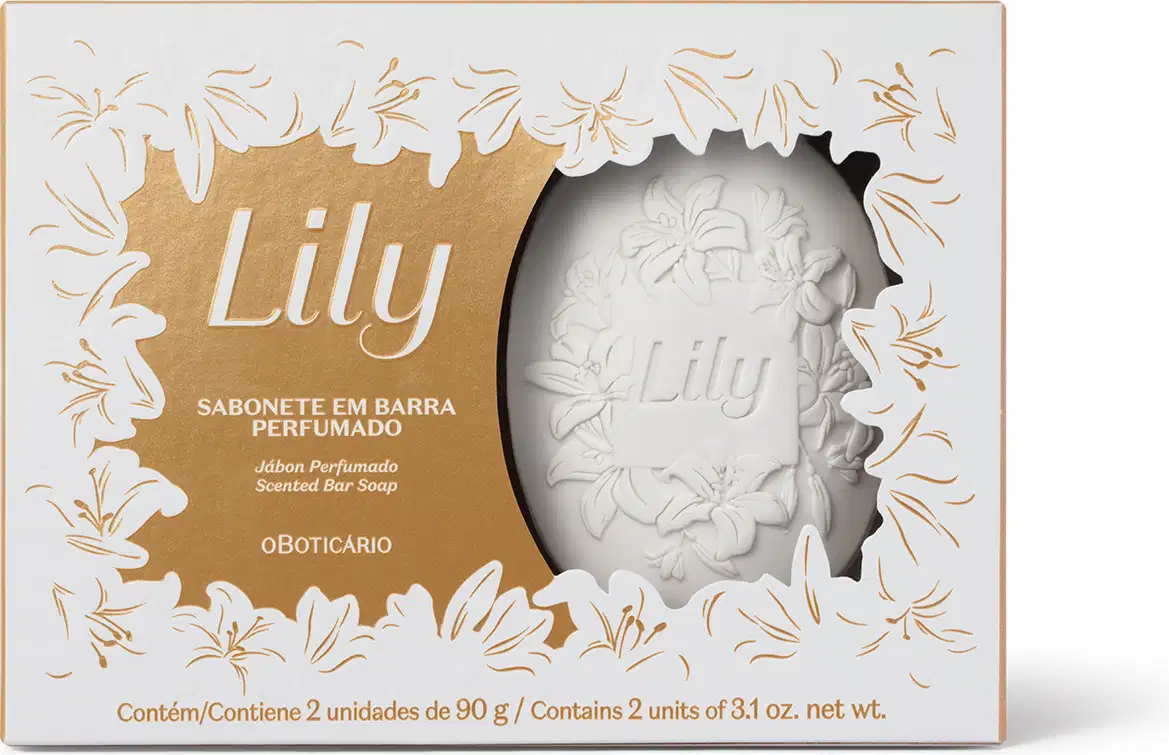 Imagem de uma caixa branca com detalhes dourados contendo dois sabonetes em barra perfumados com 90g cada um da marca Lily.