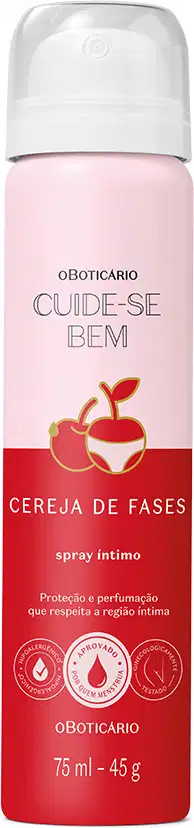 Spray íntimo Cuide-se Bem com fragrância de cereja, em embalagem rosa e vermelha de 75 ml, com proteção e perfumação para a região íntima.