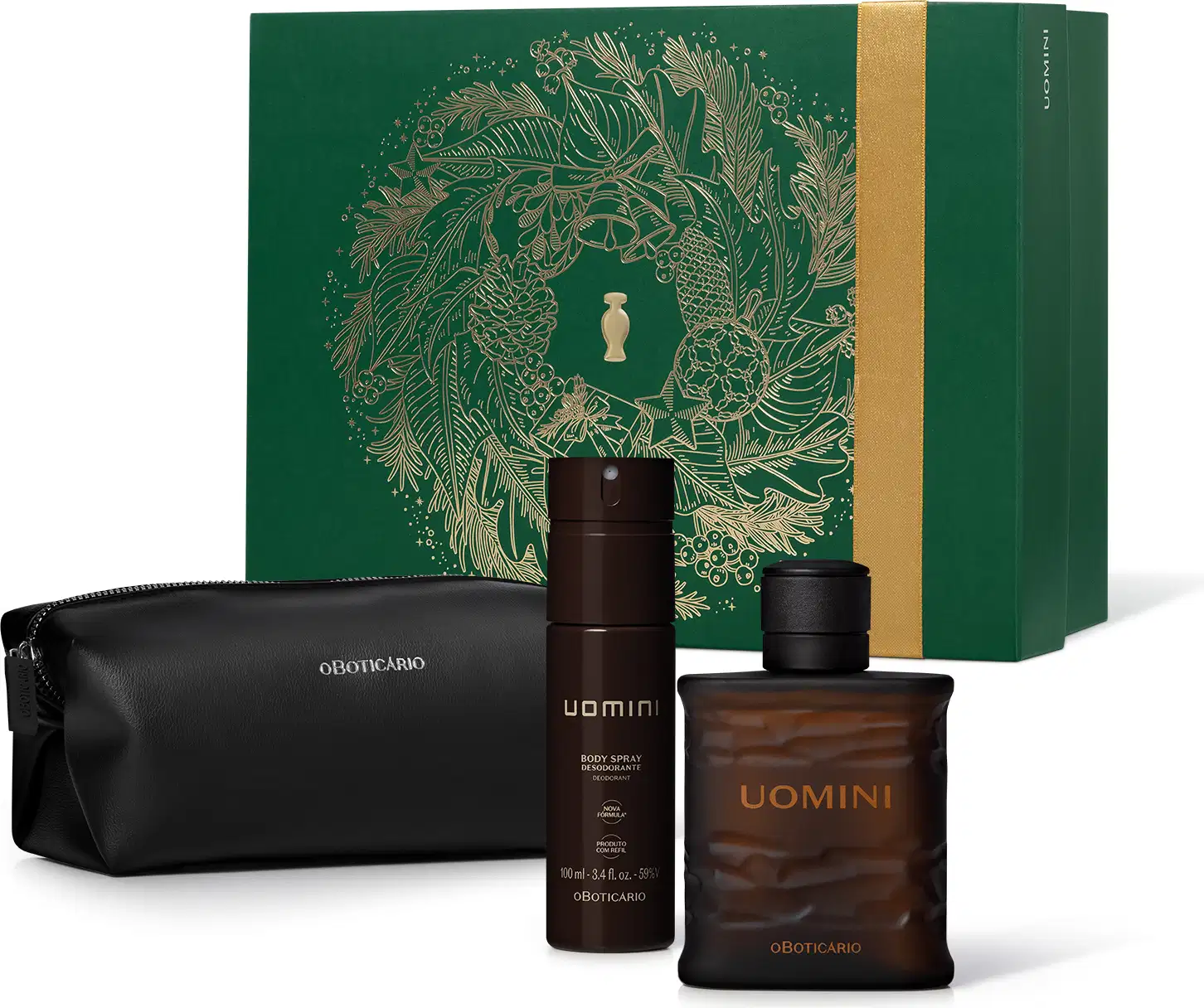 Imagem do Kit Presente Natal Uomini que traz um frasco de vidro marrom com tampa preta de desodorante colônia, um frasco cilíndrico marrom de body spray, um nécessaire preto e uma caixa presenteável verde com estampa natalina.