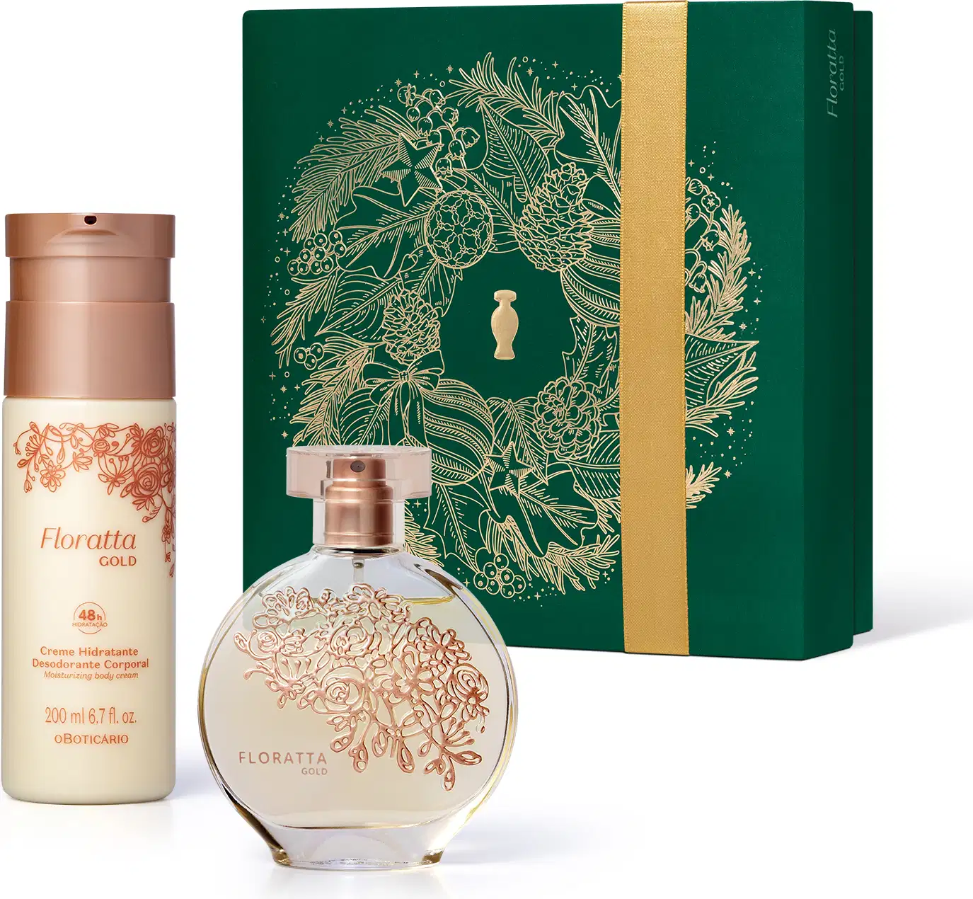 Frasco de vidro de desodorante colônia Floratta Gold arredondado e transparente, com flores douradas gravadas em relevo Ao lado um frasco branco com tampa dourada de body splash da mesma linha e uma caixa preenteável verde com ilustração natalina.