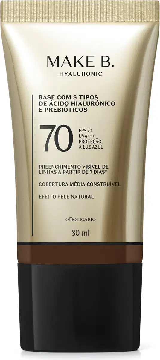 Frasco de base com 8 tipos de ácido hialurônico e probióticos da marca Make B., com FPS 70, UVA+++ e proteção à luz azul. Embalagem em tons de bege e preto, com informações sobre o produto.