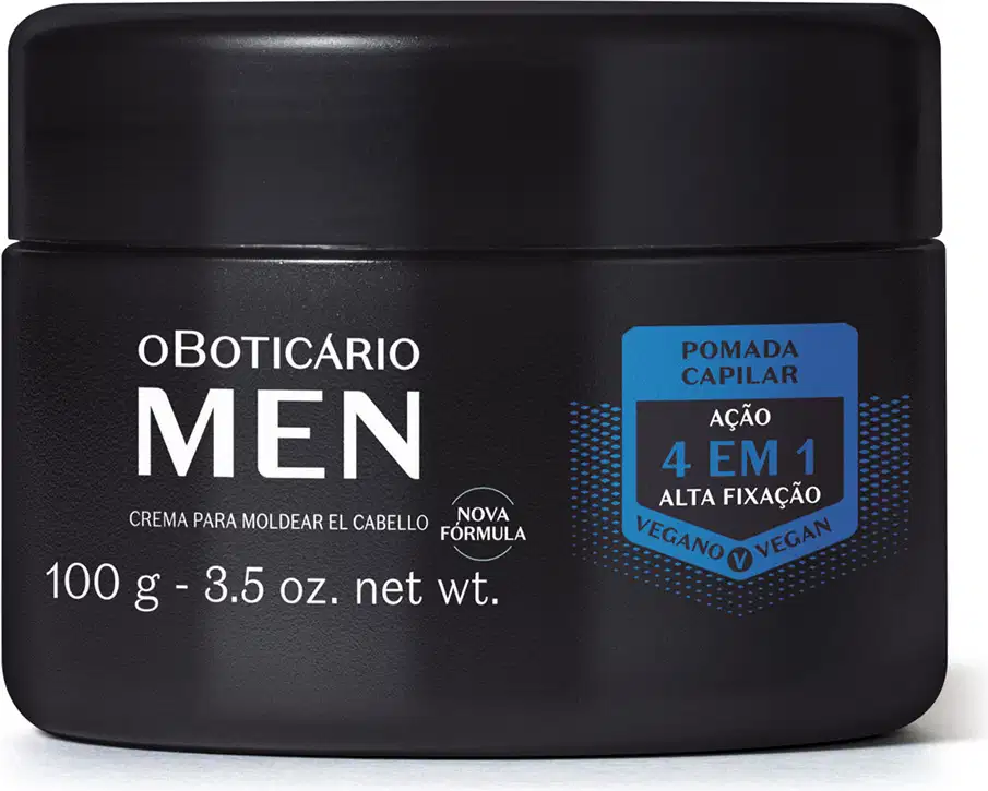 Pote preto de pomada capilar da marca O Boticário Men, com rótulo com detalhes em azul e texto "Pomada Capilar Ação 4 em 1 Alta Fixação" em branco.