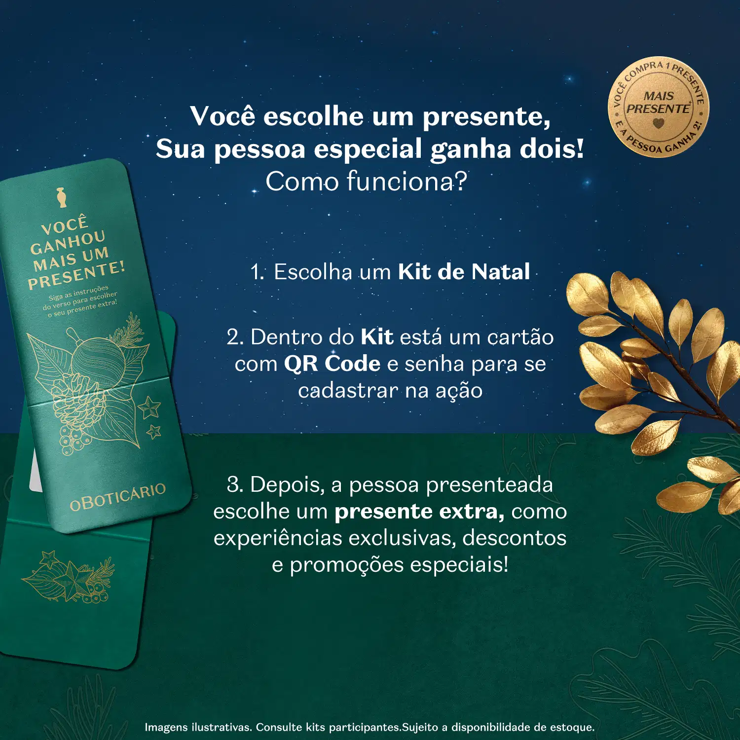 Imagem de fundo estrelado com um cartão verde com ilustrações de folhas douradas, contendo instruções sobre como obter um presente extra ao comprar um kit de Natal da marca O Boticário.