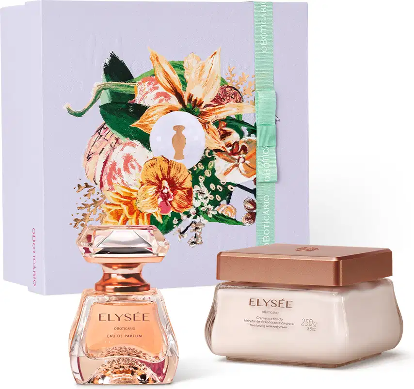 Imagem do kit de presente Elysée, trazendo a elegante fragrância da marca, com borrifador dourado e tampa transparente e um pote também de vidro com tampa dourada contendo creme hidratante corporal. Há também uma caixa branca com ilustrações florais.