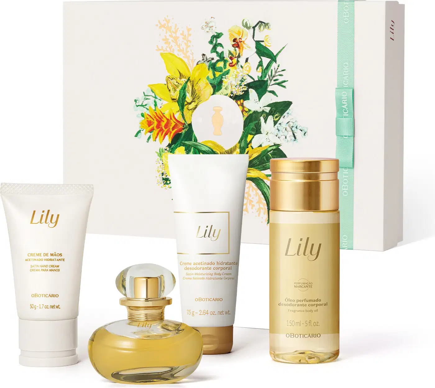 Imagem do kit de presente Lily. incluindo uma bisnaga de creme hidratante para as mãos e outra de loção desodorante corporal, um frasco de óleo perfumado corporal, o icônico eau de parfum com sua embalagem toda dourada e uma caixa com ilustrações florais.
