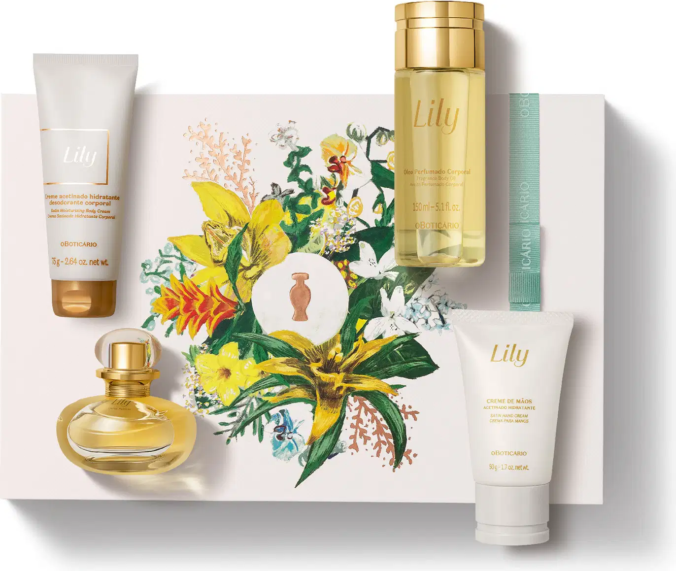 Imagem do kit de presente Lily. incluindo uma bisnaga de creme hidratante para as mãos e outra de loção desodorante corporal, um frasco de óleo perfumado corporal, o icônico eau de parfum com sua embalagem toda dourada e uma caixa com ilustrações florais.