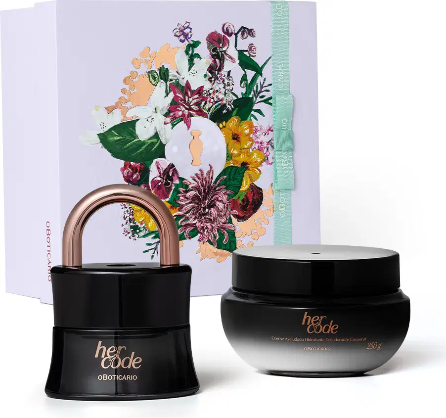 Imagem do kit de presente Her Code, contendo o icônico vidro preto do desodorante colônia em formato de cadeado e detalhe dourado, pote de creme  hidratante corporal em embalagem preta e branca e caixa com ilustrações florais.