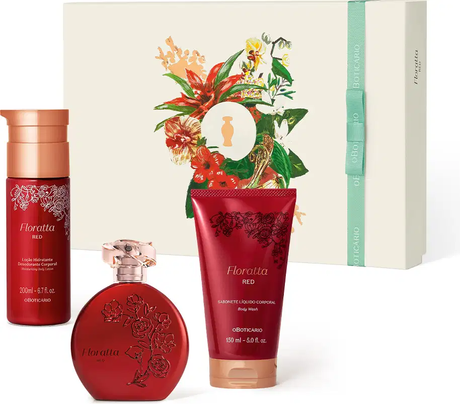 Conjunto de produtos Floratta Red, incluindo frasco de perfume, sabonete líquido corporal e caixa com detalhes florais em vermelho e verde. Embalagem com design elegante e sofisticado.