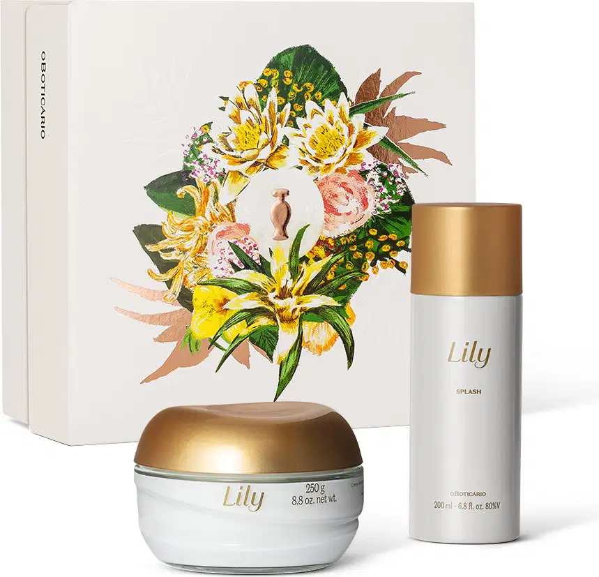 Imagem do kit de cuidados pessoais Lily, com pote de creme acetinado corporal e um frasco de body splash, além de uma caixa com ilustração floral. As embalagens são brancas com tampas e rótulos dourados.