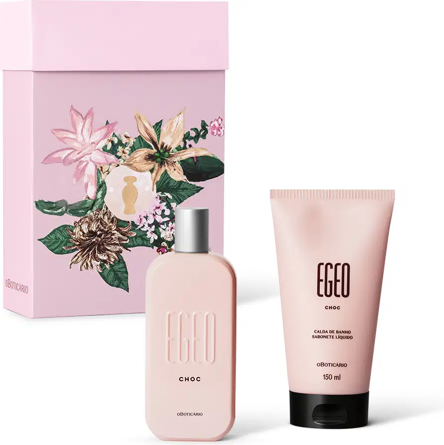 Caixa rosa com flores e frasco de perfume Egeo Choc, acompanhado de tubo de sabonete líquido Egeo Choc de 150ml. Embalagem e produtos com design elegante e sofisticado.