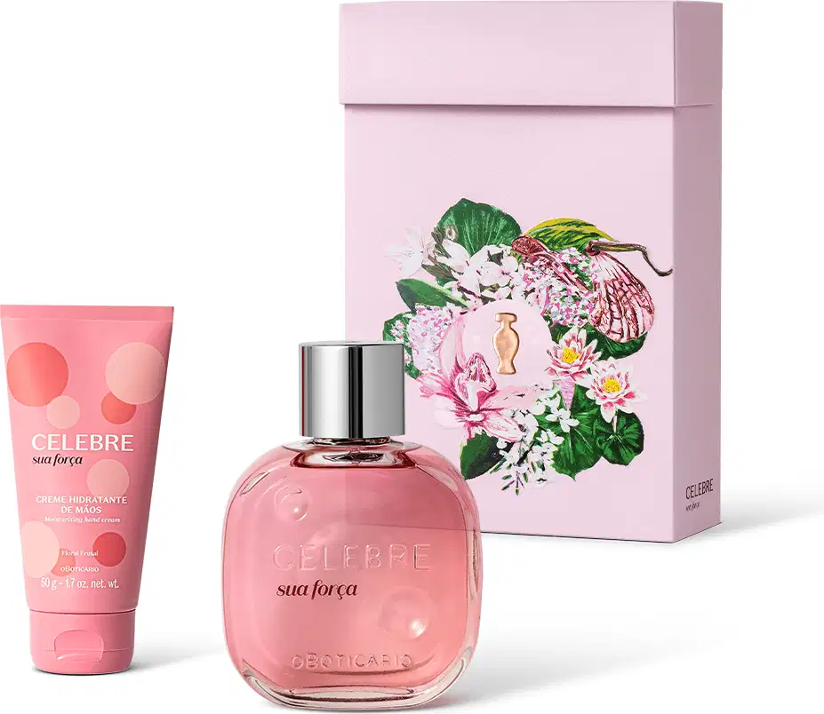 Imagem de kit de presente Celebre Sua Força, trazendo um frasco rosa com bolas amarelas e laranjas de creme hidratante para as mãos e um moderno vidro transparente com tampa prateada do desodorante colônia, além de uma caixa com ilustração floral.