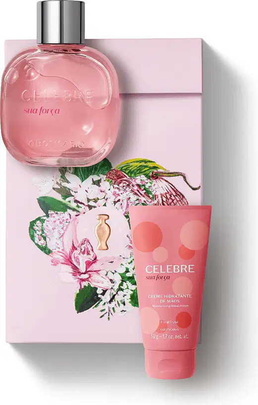 Imagem de kit de presente Celebre Sua Força, trazendo um frasco rosa com bolas amarelas e laranjas de creme hidratante para as mãos e um moderno vidro transparente com tampa prateada do desodorante colônia, além de uma caixa com ilustração floral.