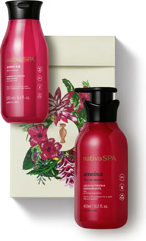 Imagem de kit de presente Nativa SPA Ameixa contendo  um frasco de sabonete líquido, outro de loção desodorante corporal e uma caixa branca com ilustração floral. As embalagens são vermelhas com tampas pretas e rótulo branco e dourado.