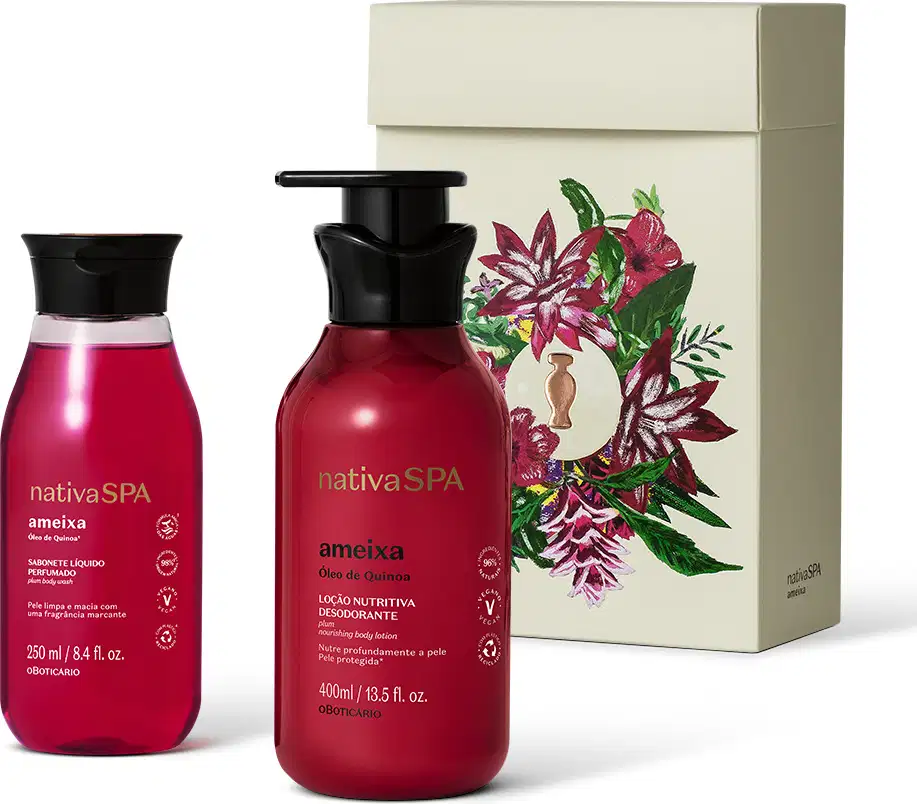 Imagem de kit de presente Nativa SPA Ameixa contendo  um frasco de sabonete líquido, outro de loção desodorante corporal e uma caixa branca com ilustração floral. As embalagens são vermelhas com tampas pretas e rótulo branco e dourado.