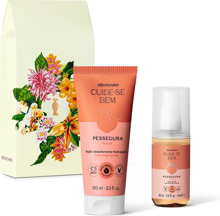 Imagem de kit de presente contendo uma caixa com decoração floral e dois produtos da marca Cuide-se Bem Pessegura, sendo um frasco  spray de body splash  e uma bisnaga de loção hidratante corporal. As embalagens são laranja e rosa com letras pretas.