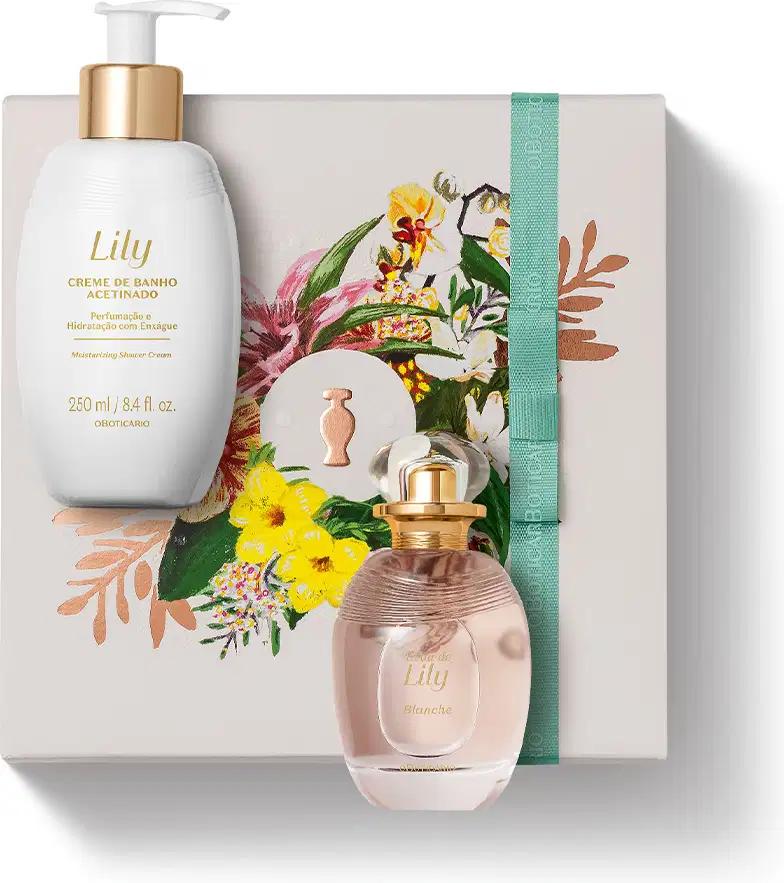 Imagem de uma caixa branca de presentes decorada com estampa floral, um vidro branco com bomba dosadora branca e dourada contendo creme de banho acetinado da marca Lily e o luxuoso desodorante colônia da mesma marca, em vidro transparente e tampa dourada.