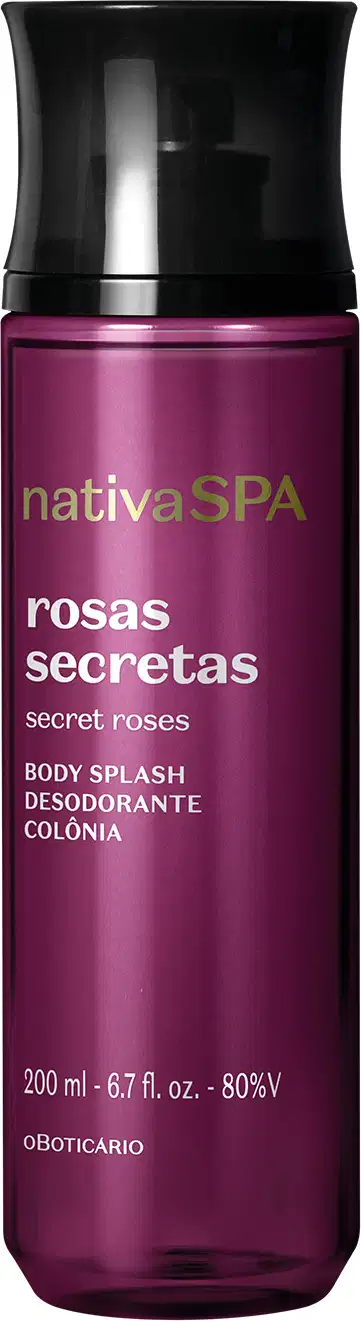 Imagem de um frasco de body splash corporal da marca Nativa SPA, com rótulo em tom de roxo e texto "Rosas Secretas" em destaque. O produto é apresentado em embalagem roxa com tampa preta e letras brancas.