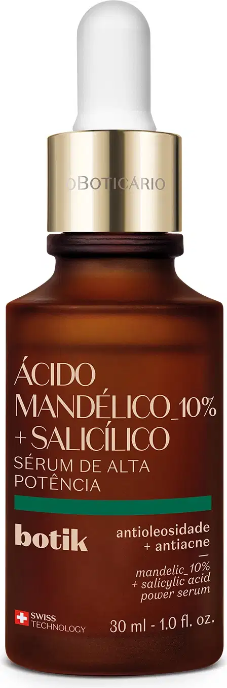 Imagem de um frasco de vidro marrom com conta-gotas e rótulo dourado da marca Botik, contendo sérum de alta potência com ácido mandélico 10% e ácido salicílico, para tratamento antienvelhecimento e antiacne.