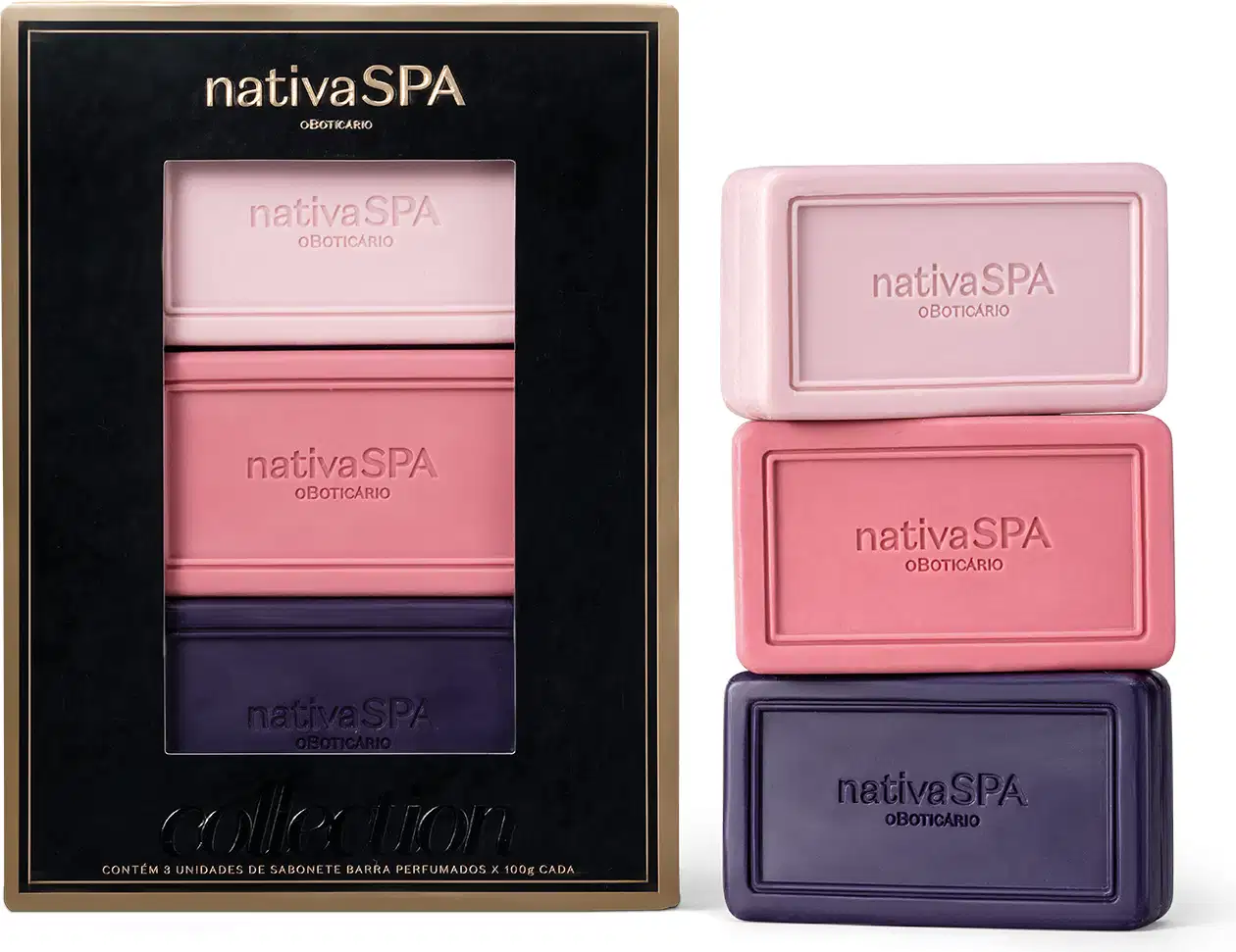 Caixa contendo três barras de sabonete Nativa SPA. Elas são de diferentes tons de rosa e roxo, com o nome da marca impresso em cada uma. A caixa tem um design elegante em preto e dourado. Ao lado, as mesmas barras são apresentadas fora da embalagem.