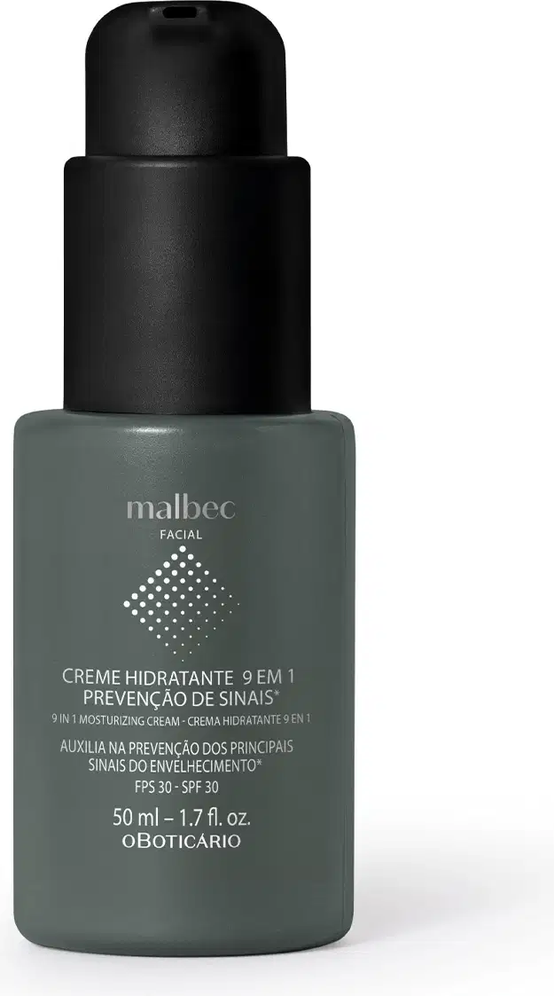 Frasco preto de creme hidratante facial da marca Malbec, com rótulo cinza e texto em branco indicando "Creme Hidratante 9 em 1 - Prevenção de Sinais" e informações sobre FPS 30.