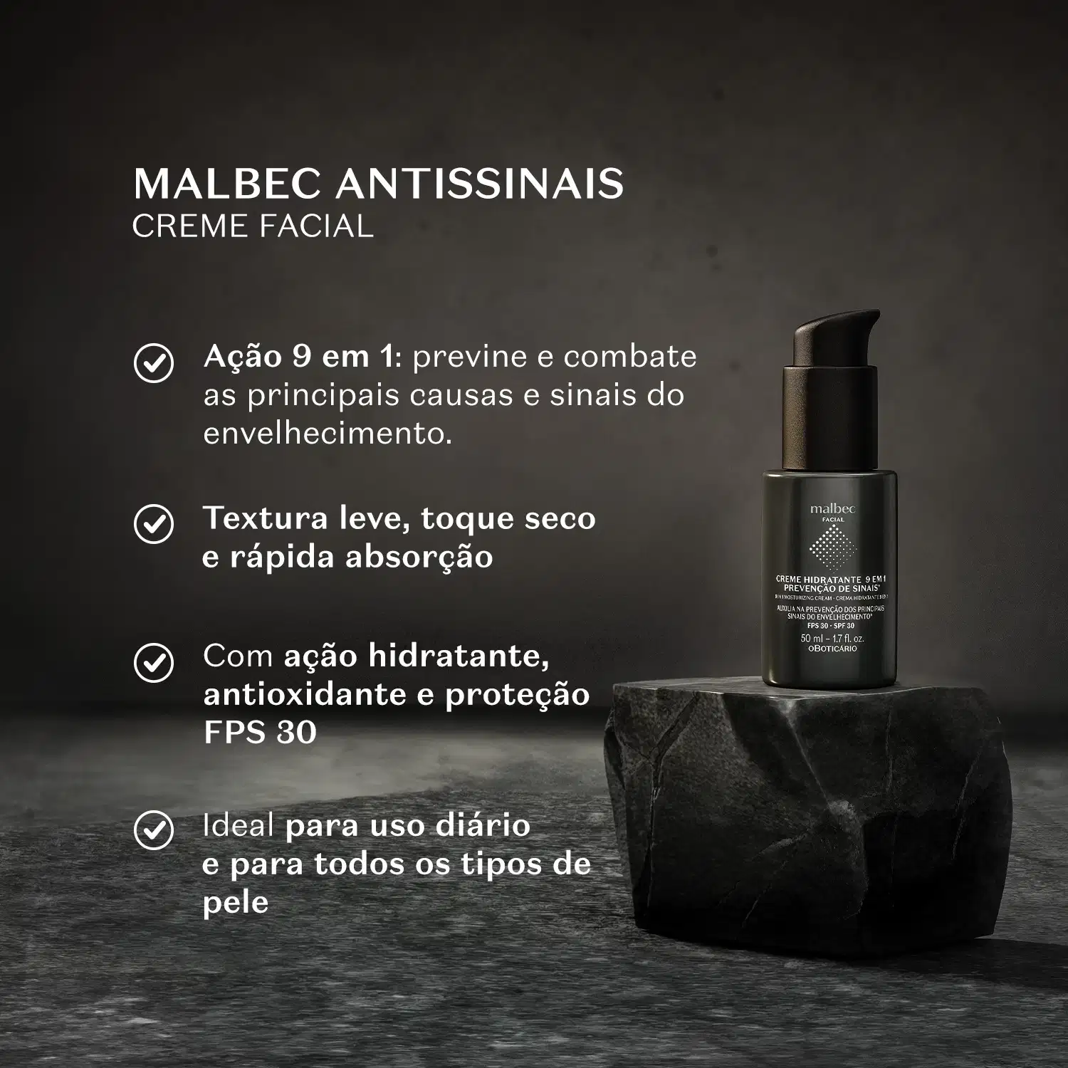 Embalagem preta de creme facial da marca Malbec, com texto "Malbec Antissínais Creme Facial" e informações sobre ação 9 em 1, textura leve, absorção rápida, ação hidratante, antioxidante e FPS 30, indicado para uso diário em todos os tipos de pele.