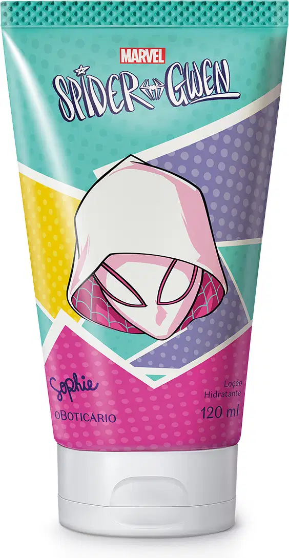 Imagem de uma embalagem de loção hidratante corporal da marca Sophie Spider-Gwen, em formato de bisnaga com cores predominantes de verde, roxo e amarelo, com ilustração da personagem e texto legível no rótulo. O produto contém 120ml.