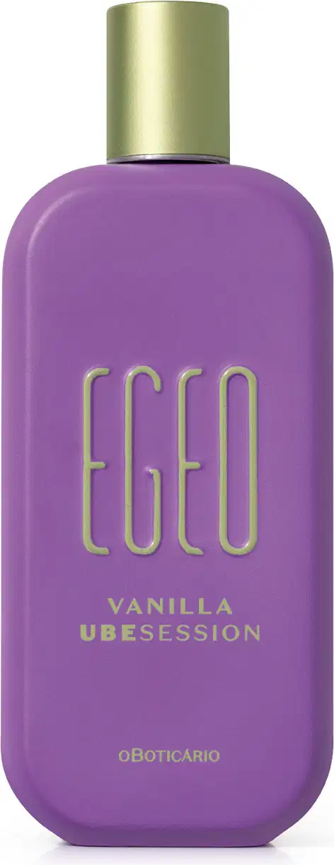 Frasco de item de perfumaria da marca Egeo na cor roxa com rótulo em verde claro exibindo o texto "Vanilla Ubession".