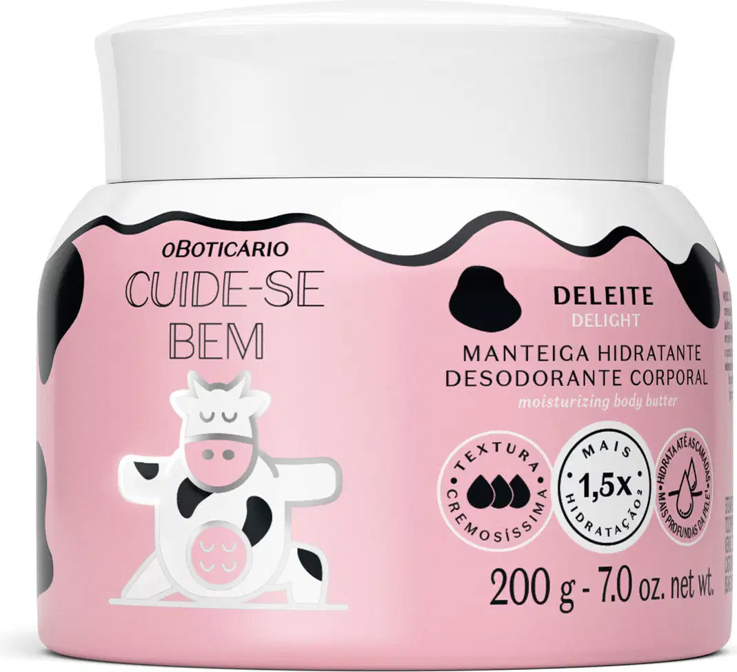 A imagem mostra o recipiente branco de manteiga corporal com rótulo rosa e estampa de vaca. A embalagem tem tampa branca e contém 200g de produto. Ele pertence à linha Cuide-se Bem Deleite.
